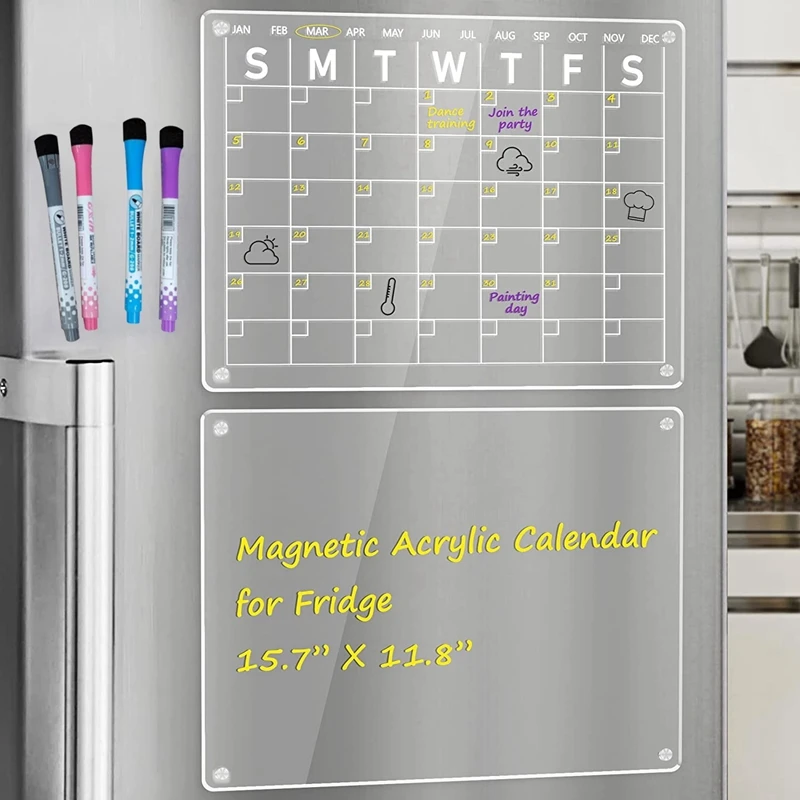 2 PCS Transparent Acrylic Dry Erase Calendar Board For Fridge, 16X12 Inch For Refrigerator With 4 Markers