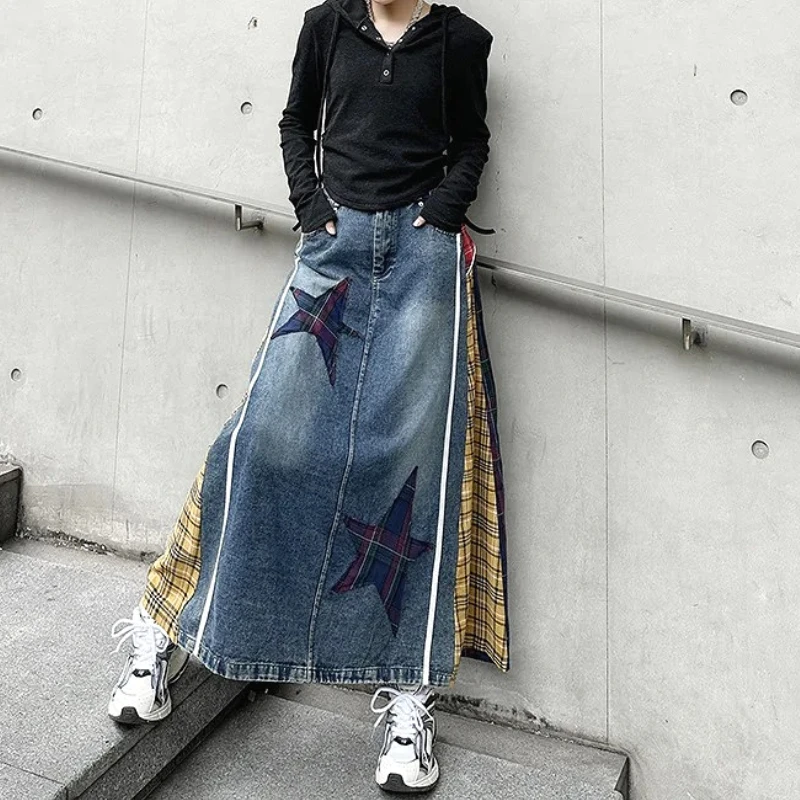

Y2k Skirts Women Long Skirt High Waist Denim Patchwork Plaid Print Button A Line Vintage Distressed Washed Maxi Streetwear 2025