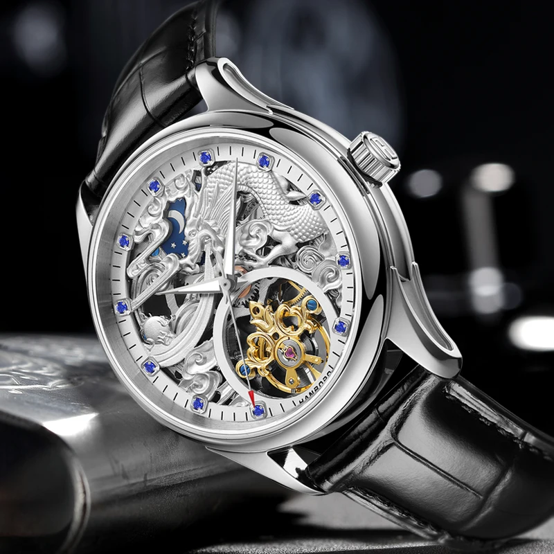 HANBORO Silver Dragon 3D Carving Skeleton Men's Automatic Mechanical Watch High Transparent Leather Strap Formal Fashion Watch