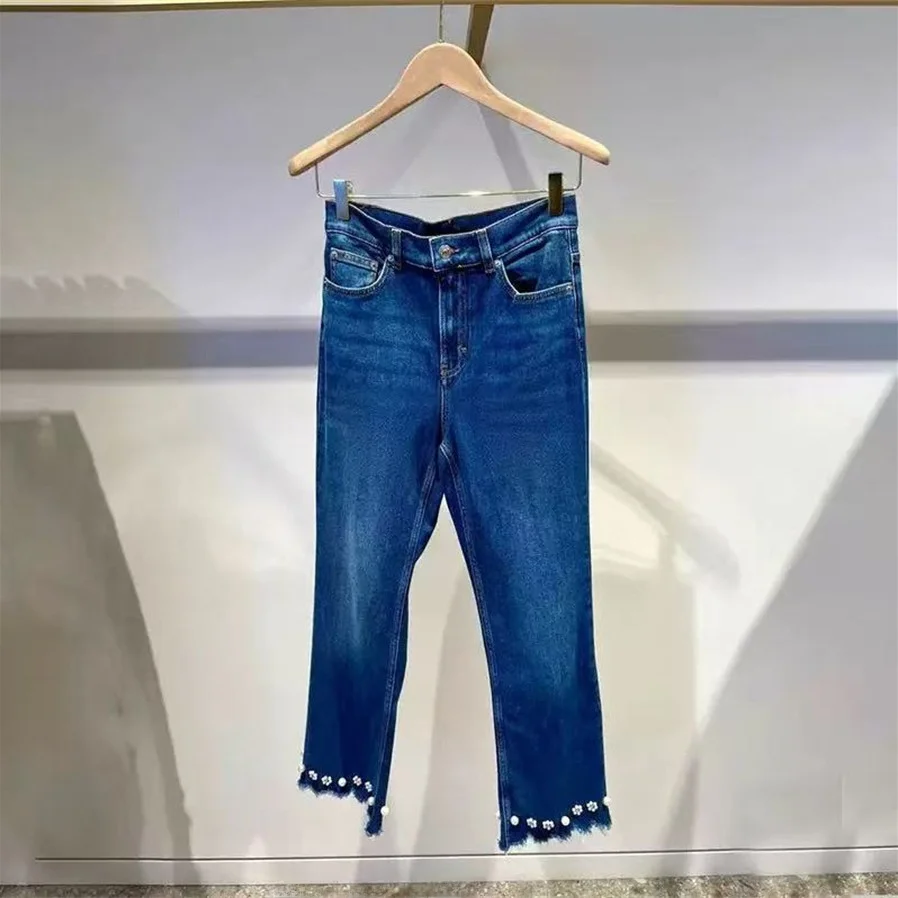 Slim Fit Denim Jeans Spring Summer Fashion Bottom Bead Decorated Small Flower Cotton Natural Waist American Style Women's Jeans
