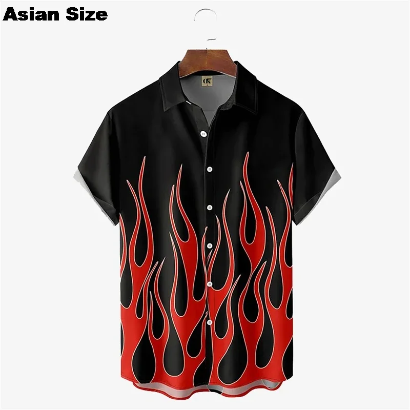 

025 Fashion Beach Vacation Lapel Shirt Men's Summer Button Up Shirt 3D Flame Printed Shirt Hawaiian Casual Short Sleeved Shirt