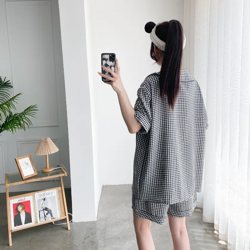 5XL Plus Size Summer Plaid Pajamas Set Women Sweet Short Sleeve Shorts Loungewear 2024 Ins Korean Style Students Home Clothes