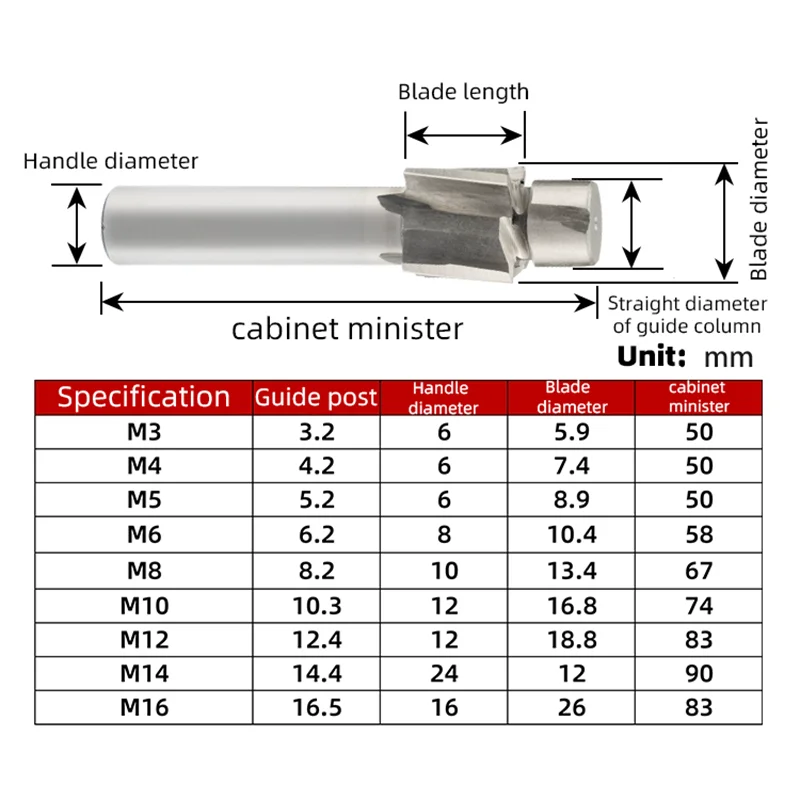 KaKarot Countersunk milling cutter high-speed steel flat bottom countersink drill straight handle white steel mouthM3M4M5M6M8M10