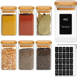 Glass Spice Jars with Bamboo Lid, 8oz Airtight Square Containers with black Lables, Empty Seasoning Jars for Spice Salt Sugar