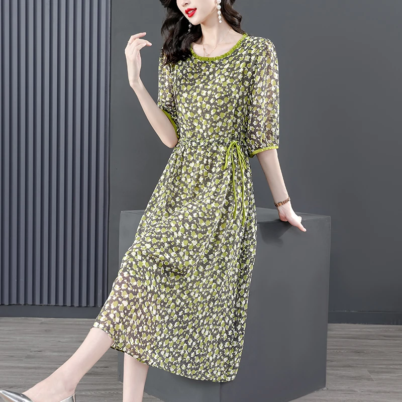 Sommer Neue Blumen Druck Seide Casual Midi Kleid Frauen Elegante Lose Chic Hübsches Kleid Grün Vintage Party Kleider
