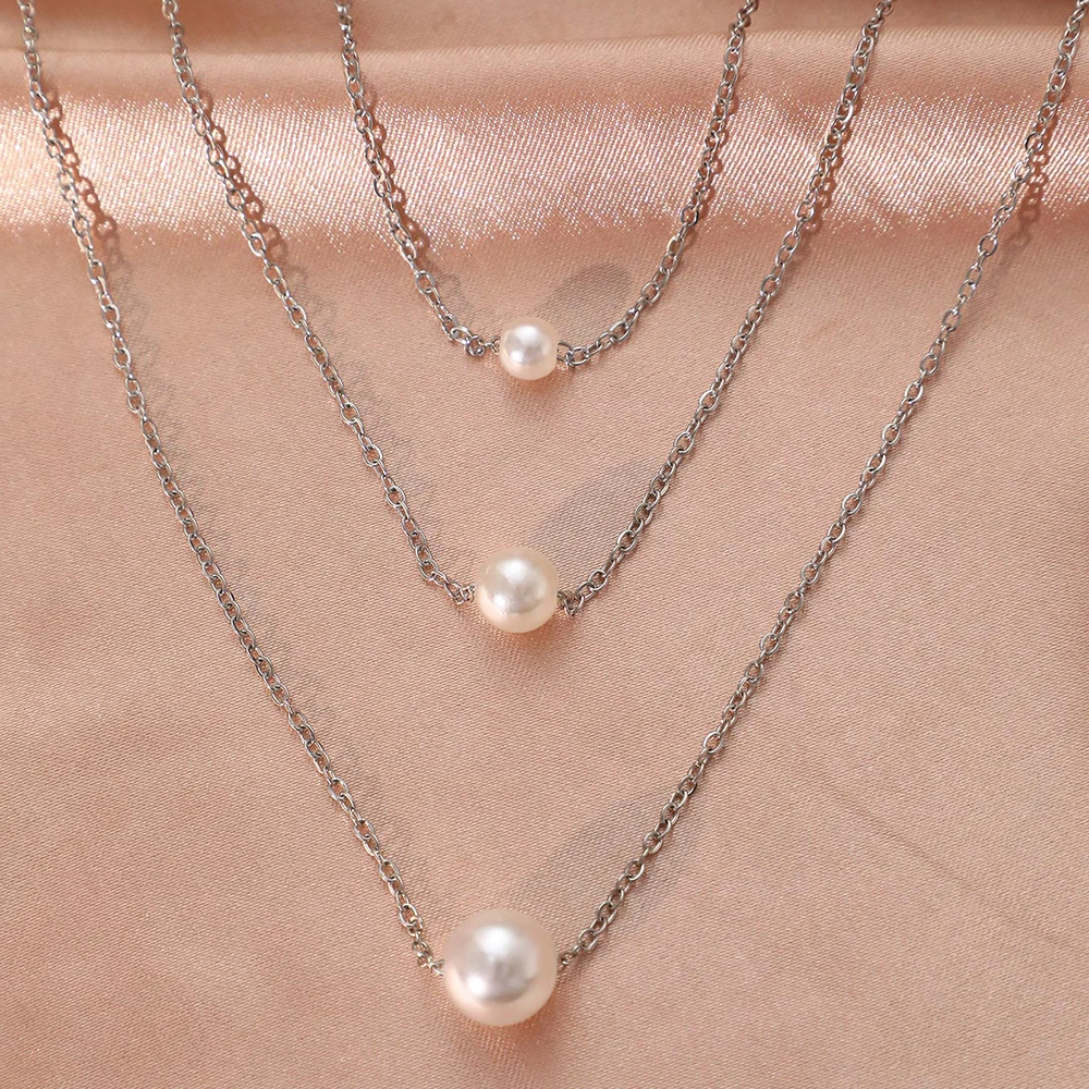 Stainless Steel Necklaces Baroque Style White Imitation Pearl Multilayer chain Simplicity Fashion Necklace For Women Jewelry Gif