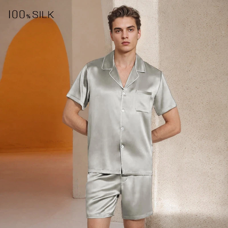 Men's 19 Momme Heavy 100% Mulberry Silk Pajamas Set Short Sleeve Shorts Soft Breathable Cool Sleepwear Loungewear