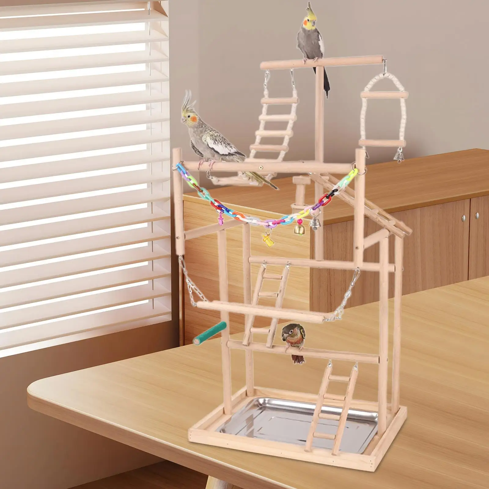 Parrot Playground Parrot Perch Stand with Ladder Climb Cage Accessories Wooden Parrot Stand for Hummingbird Lovebird Parakeet