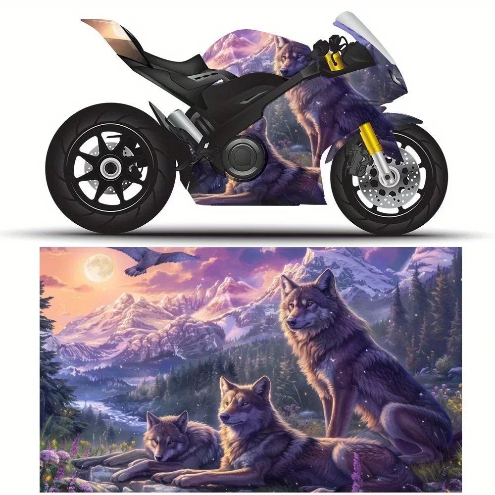 Dreamy Wolf Pack PVC Motorcycle Vinyl Wrap, Self-Adhesive Waterproof Sticker, Anti-Scratch Decorative Film for Bike Body, DIY Cu