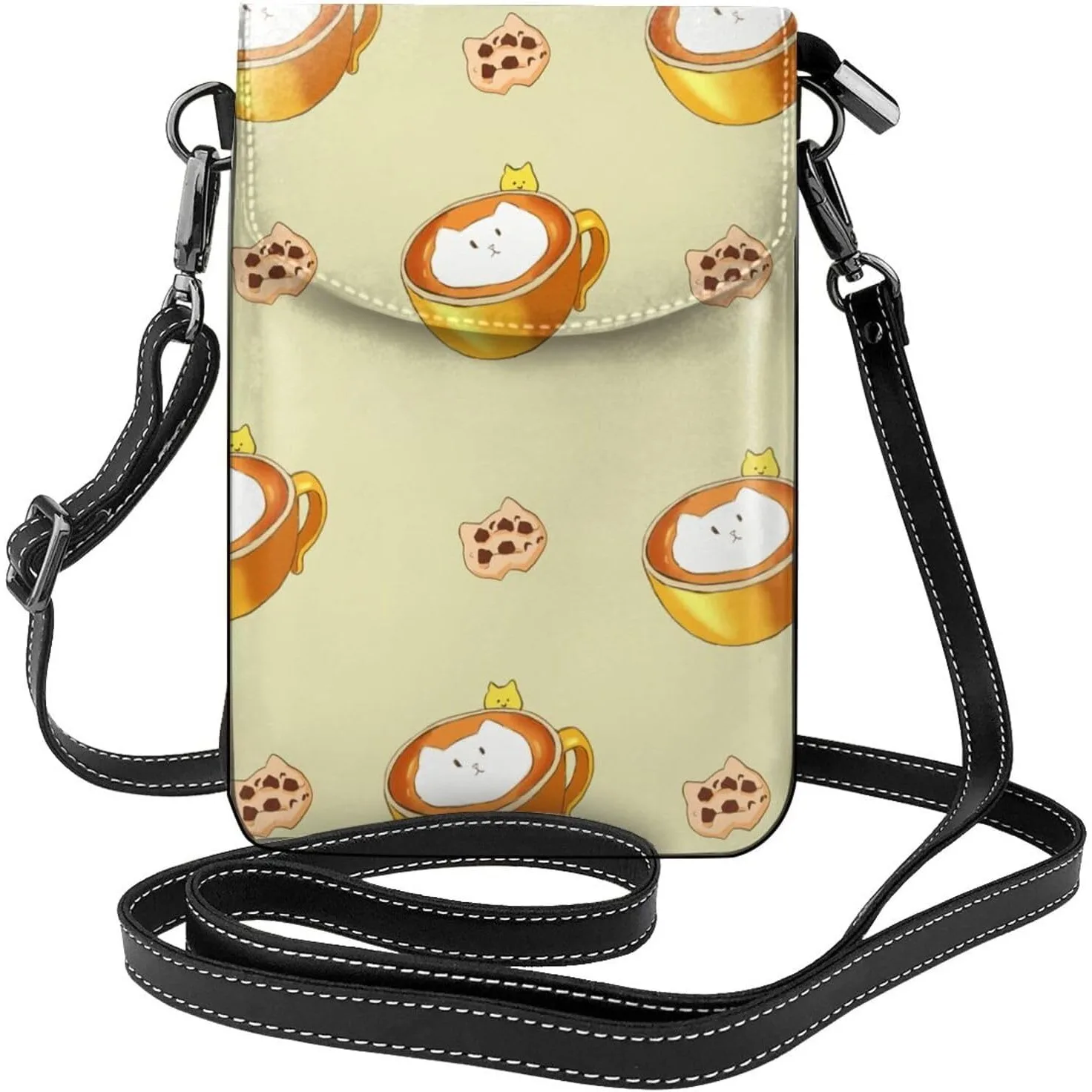 

Cartoon cat coffee Printed Ladies' mobile phone with leather foreskin, crossbody flip cover, small adjustable shoulder strap