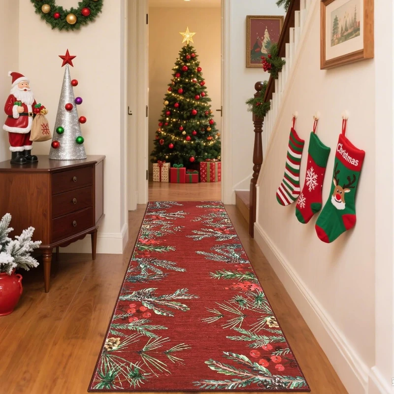 Corridor Carpet Hallway Rug Machine Washable Non-slip Floor Mat Christmas Botanical Leaf Mats Long Runner Rugs Home Decoration