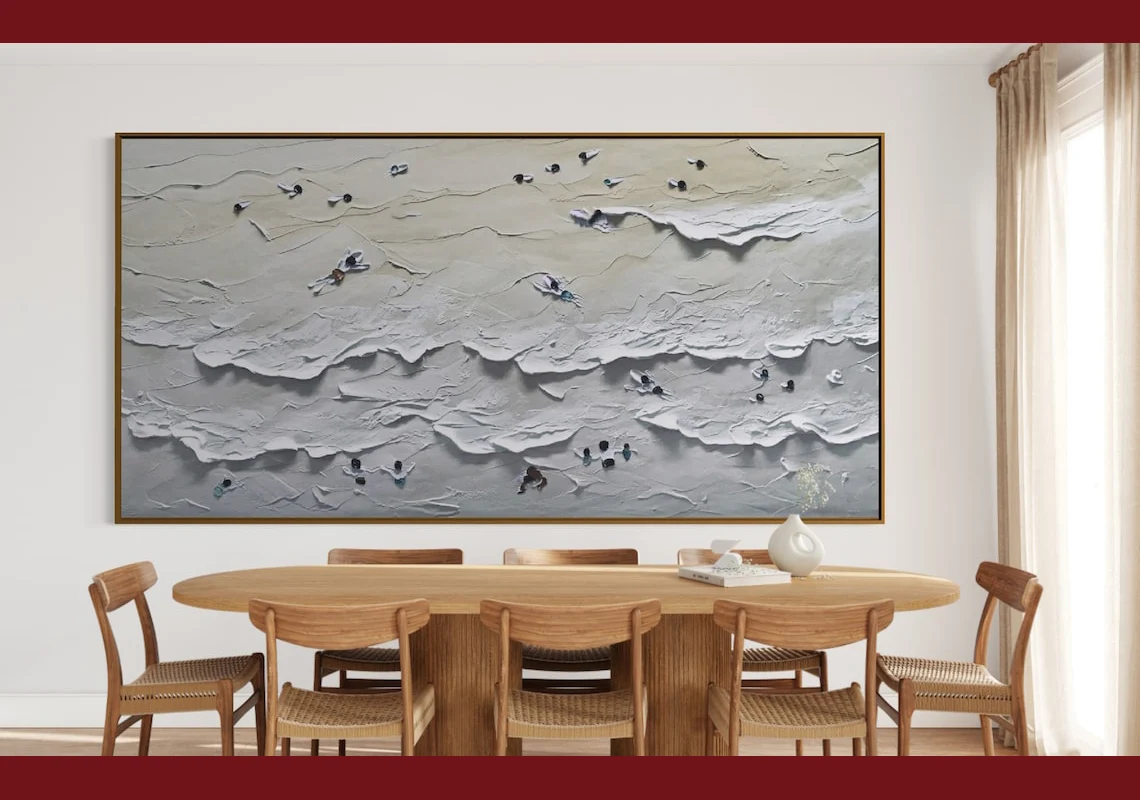 Horizontal Neutral Beach Coastal Art Hand Painted Large Heavy Textured Knife Palette Abstract Acrylic Painting Modern Wall Art