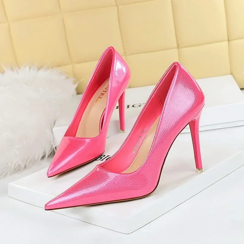 

BIGTREE Shoes Woman Pumps Sexy Shallow Pointed Toe Patent Leather 10CM Thin high heels Sweet Party Prom Party Women Shoes black