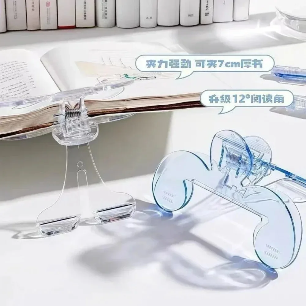 Clip de plástico transparente para libros con soporte, ayuda para la lectura, clip fijo para libros, marcapáginas, papelería, suministros escolares, 1 ud.