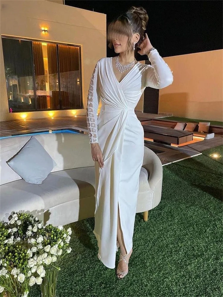 V-Neck High Slit Elegant Chiffon Evening Dresses Long White A-Line Party Dresses For Women 2023 Prom Dresses Graduation Dresses