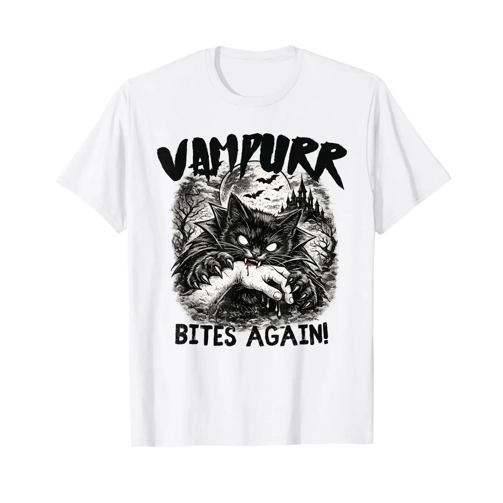 Vampurr Bites Again Funny Cat Halloween T Shirt vintage Washed streetwear Top For Everyday Wear fashion graphic Comfortable