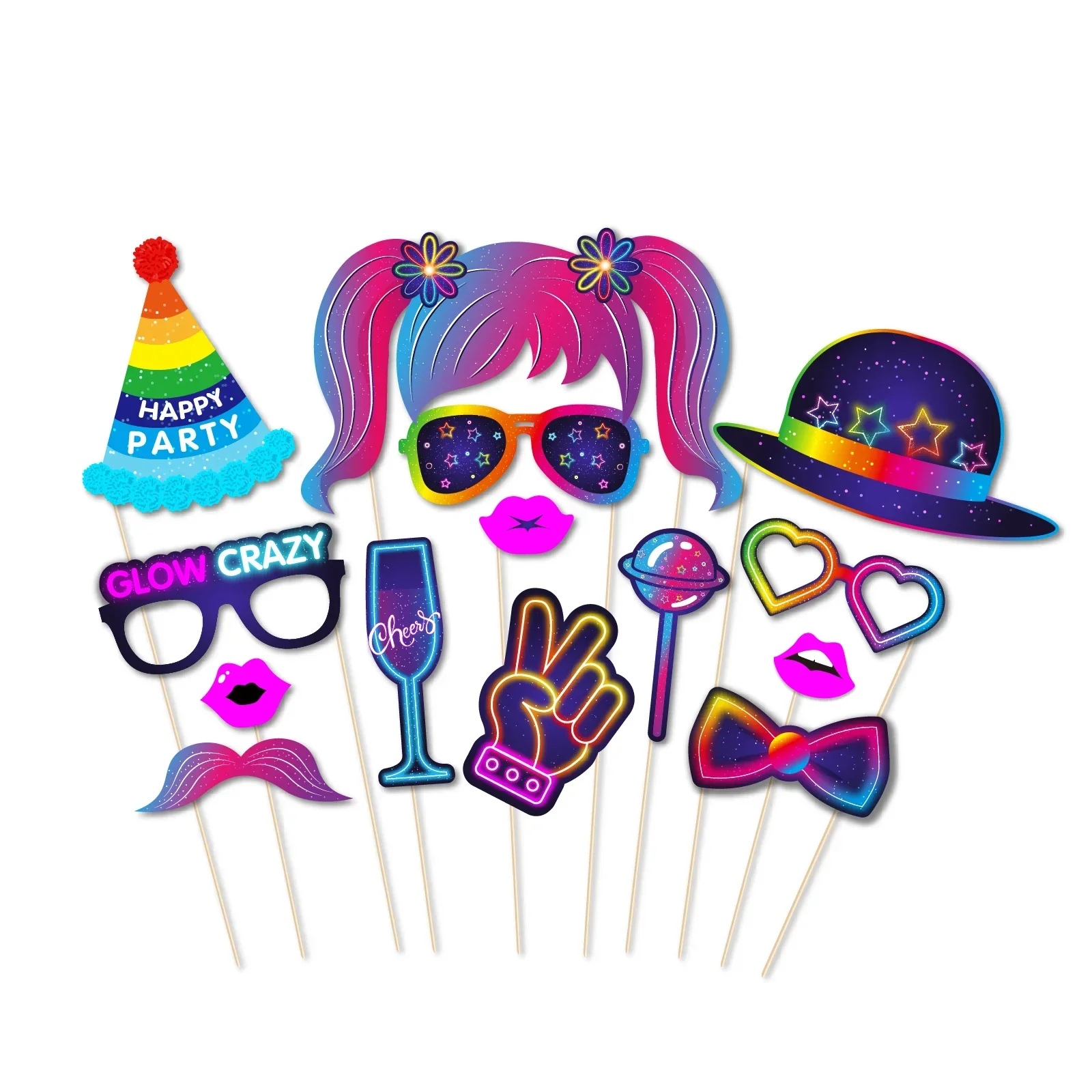 Glow Crazy Party Photo Booth Props Music Club Colorful Graffiti Birthday Party Funny Glasses Lips Hat DIY Photo Shoot Prop Decor