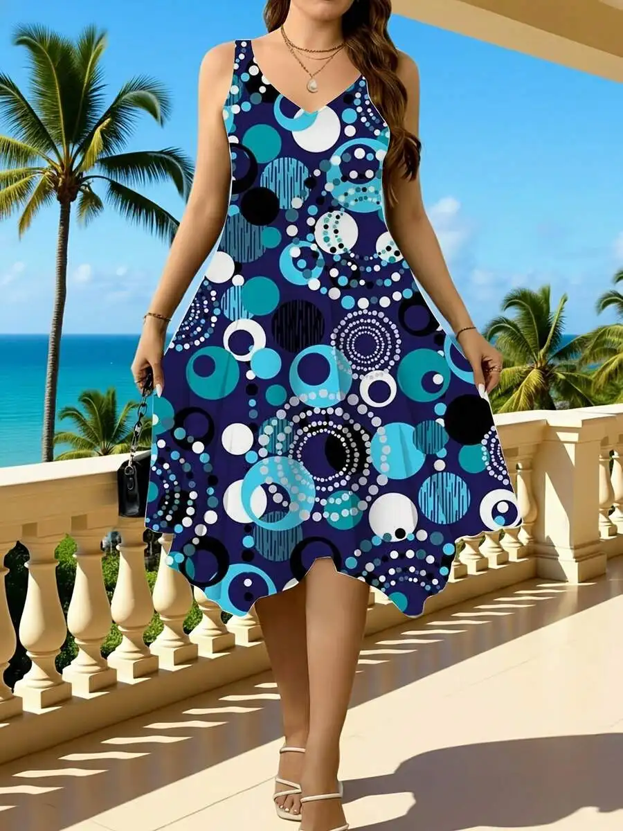 Vestido sin mangas con cuello en V y estampado circular azul, blanco y negro, dobladillo asimétrico, estilo deportivo informal para la playa y más allá