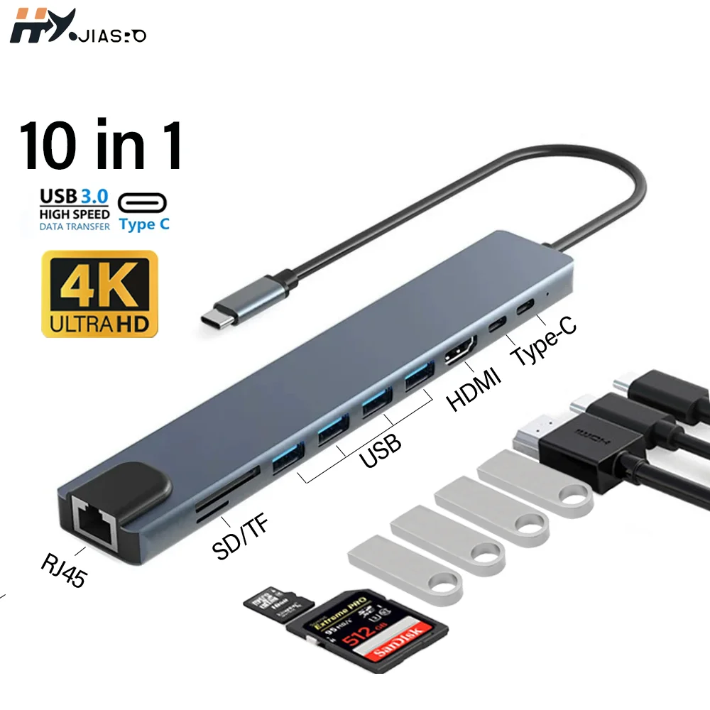 10 In 1 USB C Hub 4k Docking Station Type C multiple ports Adapter Compatible PD SD TF Rj45 For Xiaomi IPhone Fast Data Transfer