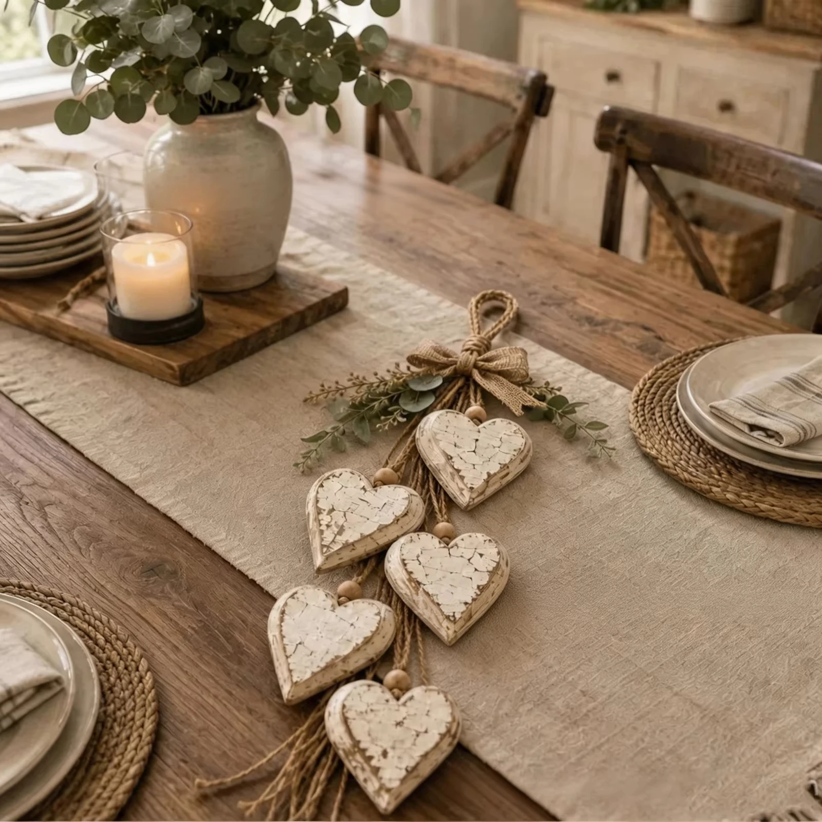 Natural Wooden Heart Streamer Jute Bow Door Hanger Vintage Farmhouse Wall Hanger Coastal Living Room Piece