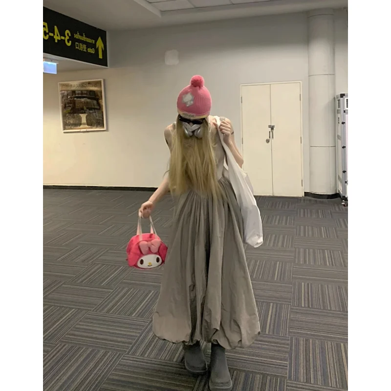Summer Grey Dress Y2K Clothes Women Backless Dress Solid Sleeveless Sexy Korean Fashion 2023 Female Simple NEW Long Dress