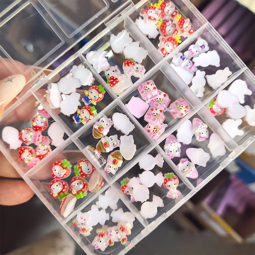 

12 сеток 3D Kawaii клубничное молоко Hello Kitty подвески для ногтей мороженое клубника мультфильм украшения для ногтей сладкий маникюрный аксессуар