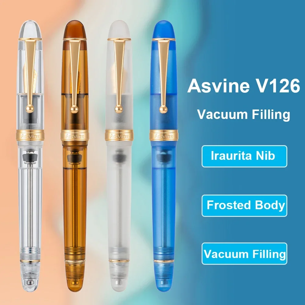 Asvine-Stylo plume à remplissage sous vide V126, belle plume transparente, marron, bleu 256, blanc, acrylique, coffret cadeau d'écriture, EF, F, M