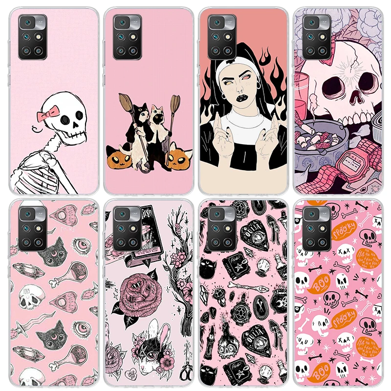 Pink Cat Skull Sorceress Witch Phone Case For Xiaomi Redmi 12C 12 10C 10A 10 9C 9A 9T 9 8A 8 7A 7 6A 6 Pro K60 K40 K20 S2 Print