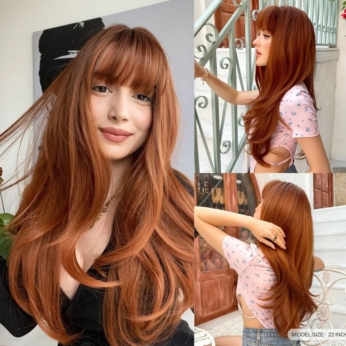 Copper Ginger Brown Synthetic Wig Long Auburn Hair with Bangs for White Women Cosplay Lolita Fake Hairs Heat Resistant Fiber