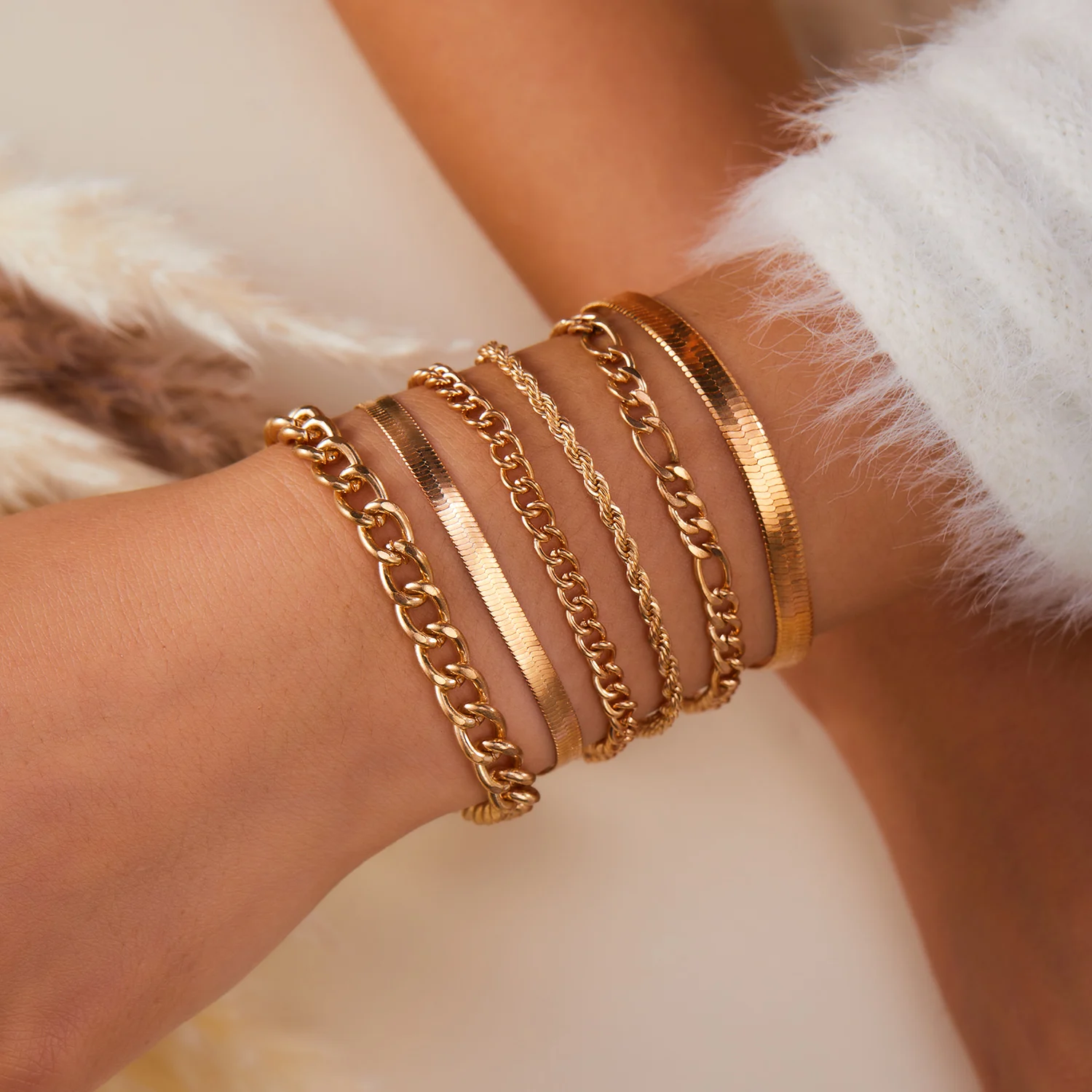 

6Pcs/Set Punk Style Simple Metal Twist Bracelet For Women Vintage Gold Color Cold Tone Chain Bangle Party Daily Wear Jewelry