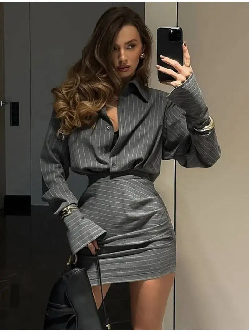 مثير مخطط تنورة صغيرة مجموعة النساء التلبيب واحدة الصدر قمصان الورك حزمة التنانير 2025 الربيع الصيف سليم سيدة 2 قطع XXO7 #3