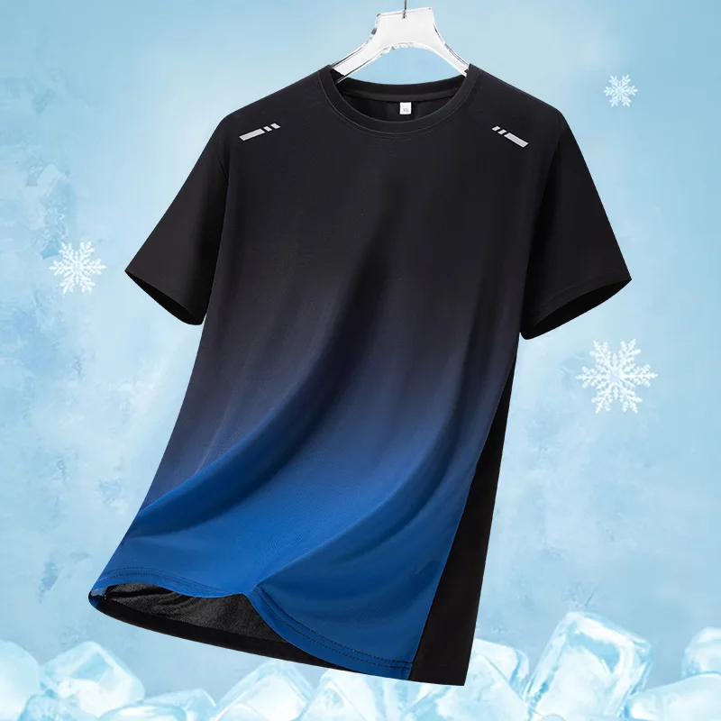Herren Sommer Farbverlauf Freizeit Kurzarm T-Shirt Dünn Atmungsaktiv Schnelltrocknend Eisseide Rundhals Laufshirt Outdoor Sport Top