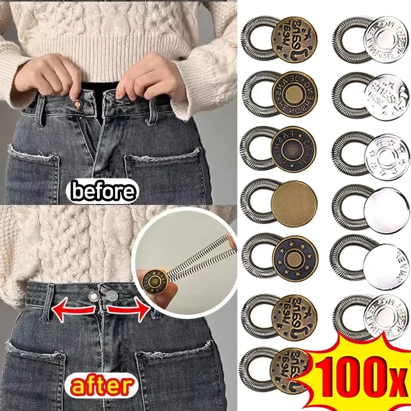 

5-100PCS Metal Button Extender for Pants Jeans Free Sewing Adjustable Retractable Waist Extenders Button Waistband Expander