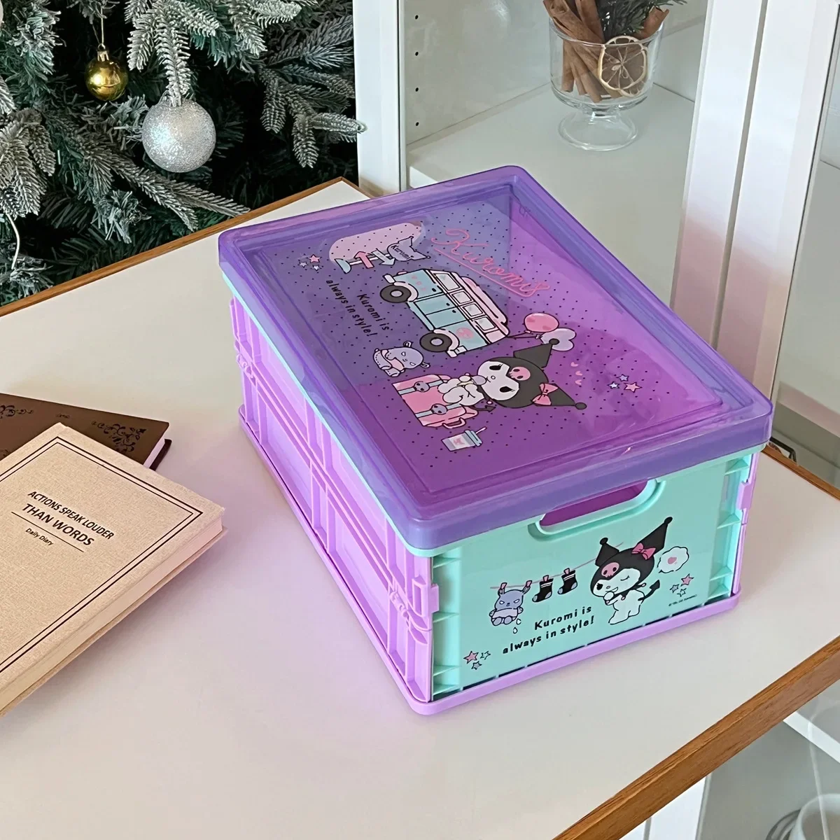 Sanrio Hellokitty Transparent printed cover desktop large stacking storage box bedroom student Folding storage box view 2