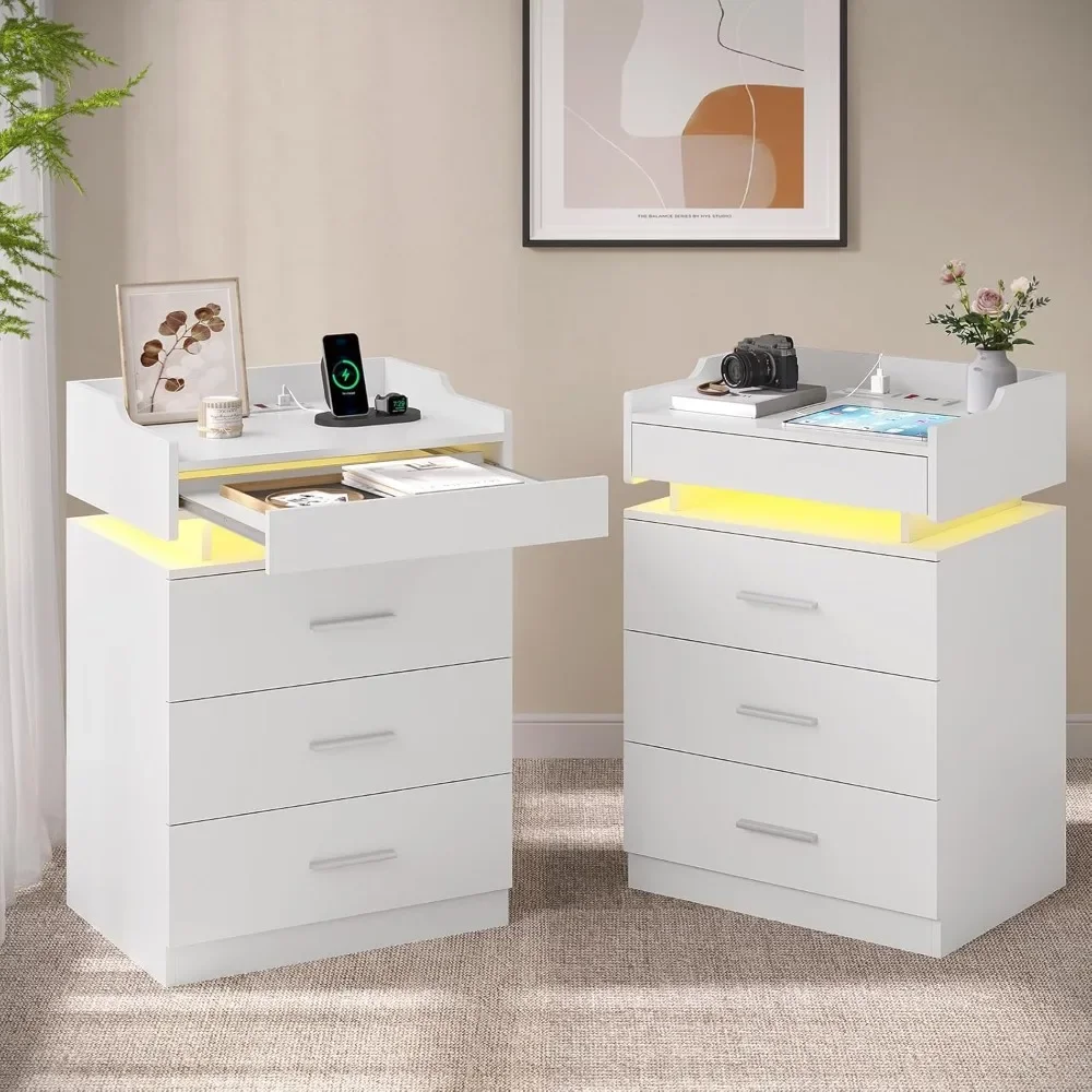 White Nightstand Set of 2,LED Night Stand with Charging Station & Pull-Out Tray,Bedside Table with Drawers,Modern End Table Side