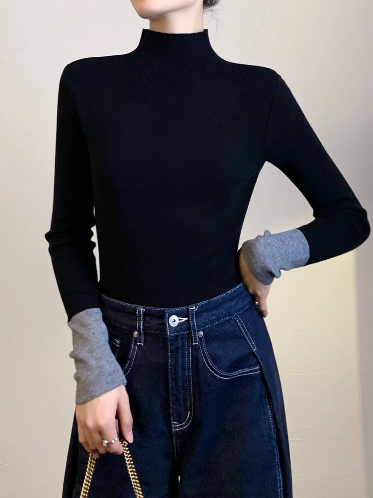 

Черный вязаный лонгслив с высоким воротником и цветовыми блоками, женская облегающая базовая футболка, дизайнерский топ для ношения под одеждой