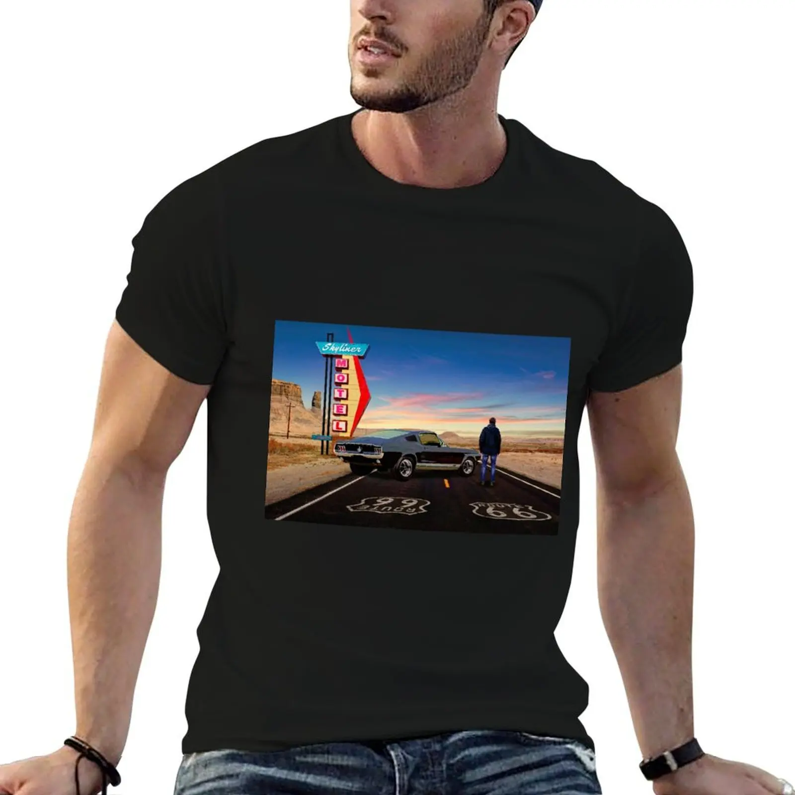 

Route 66, Skyliner Motel USA T-Shirt t shirts for man cotton soft black cotton t-shirt plain for man package T-Shirt