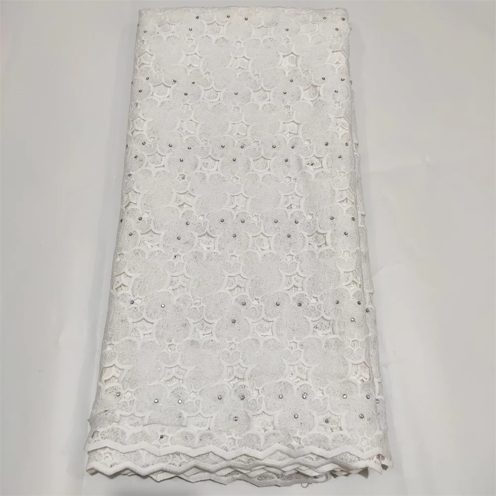 White Latest French African Swiss Lace Fabric Soft Nigerian Guipure Cord Milk Silk Lace Fabric With Stones For Wedding Dress