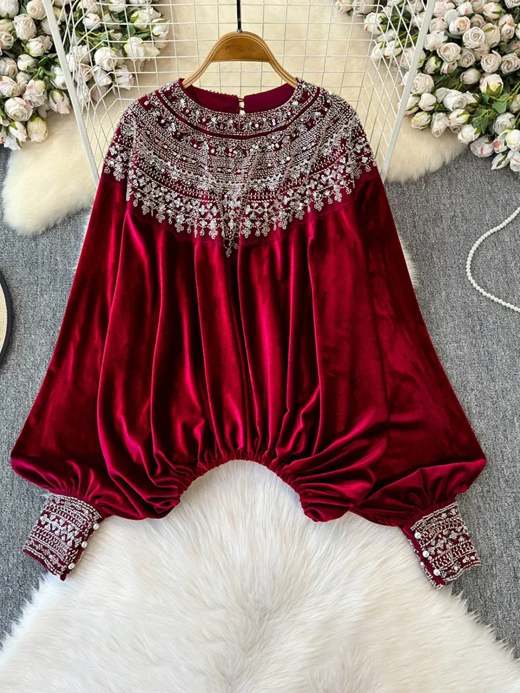 Autumn Winter Women's Sequins Velvet Blouse Elegant Burgundy/White/Black/Khaki Shirt Party Round Neck Lantern Sleeve Tops New