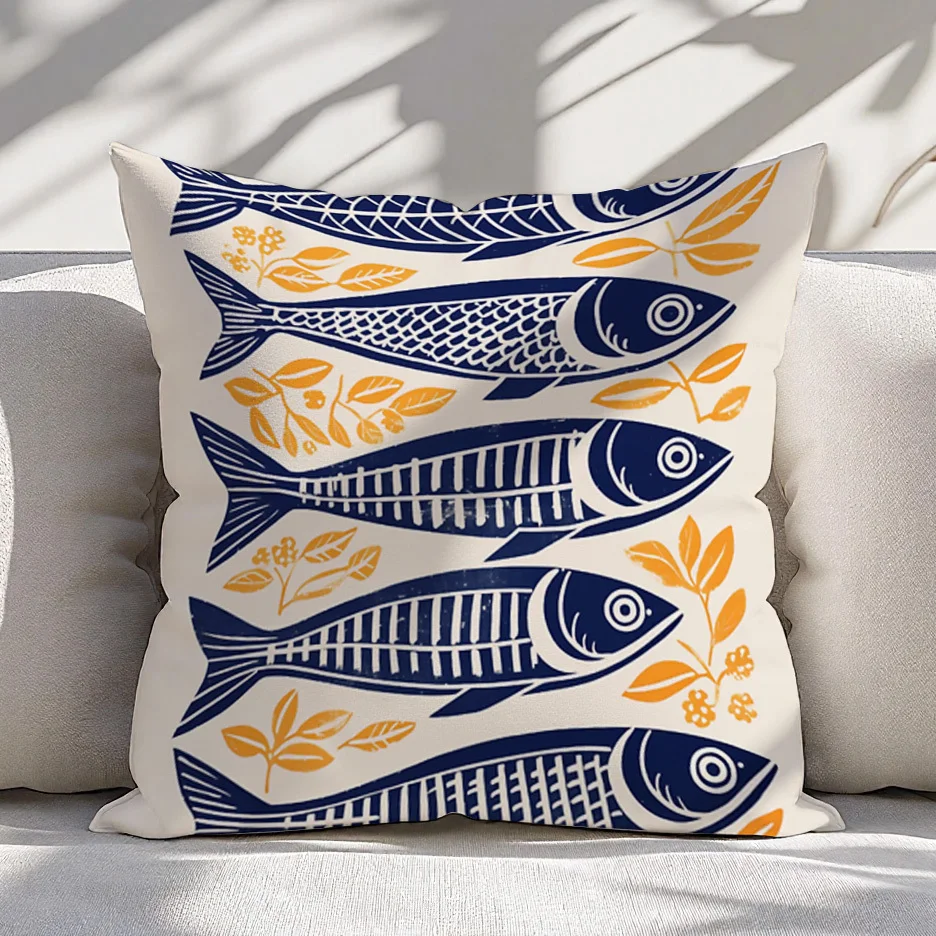 1pc Danish Woodcut Sardine Pillow Cover 16x16/18x18/20x20 Inch Double-Sided Polyester Decorative No Insert