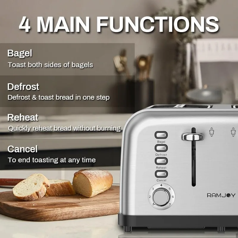 Toaster 4 Slice, Dual Independent Controls, Extra Wide Slot Toasters for Bagel, Bread, Waffles,7 Shade Settings,4 Main Functions