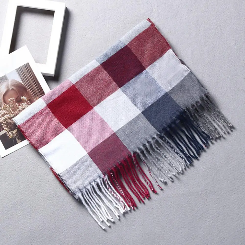 Men Plaid Scarf Plaid Pattern Men's Scarf with Tassel Trim Long Style Wrap in Imitation Cashmere for Thermal Insulation Daily