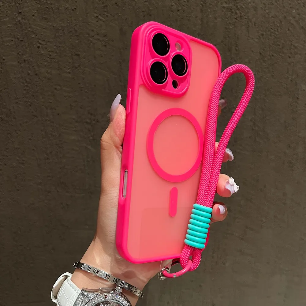 

Candy Color For Magsafe Phone Case For iPhone 16 11 12 13 14 Pro Max 15 Plus Hand Wrist Strap Lanyard Matte Shockproof Cover