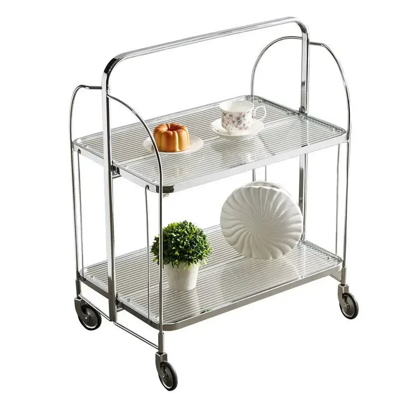 Kitchen Trolley Glass Shelving Movable Nordic Furniture Multi-layer Shelf Torage Rack Edside Cabinet Stainless Steel