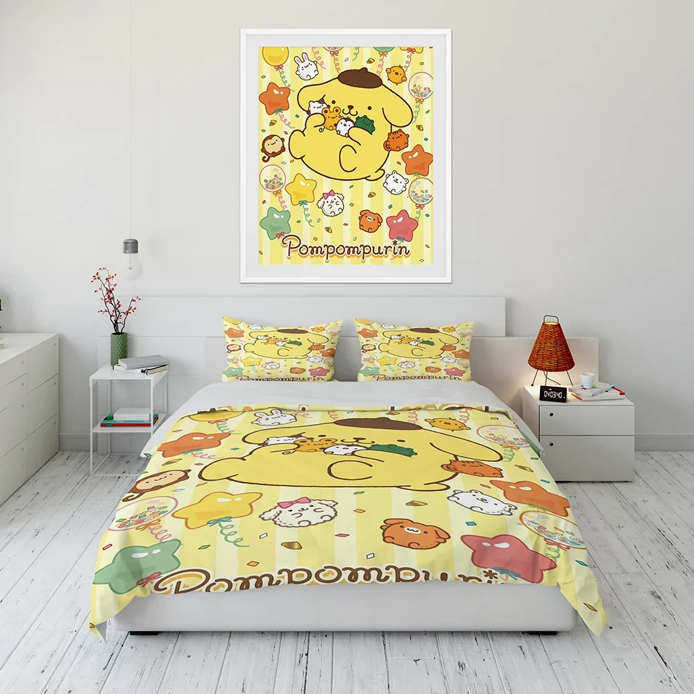 Sanrio Pom Pom Purin Yellow Cute Dog Polyester Bed Cover Set 3d Children Bedding Set Twin Size Bedding Sets King Quilt