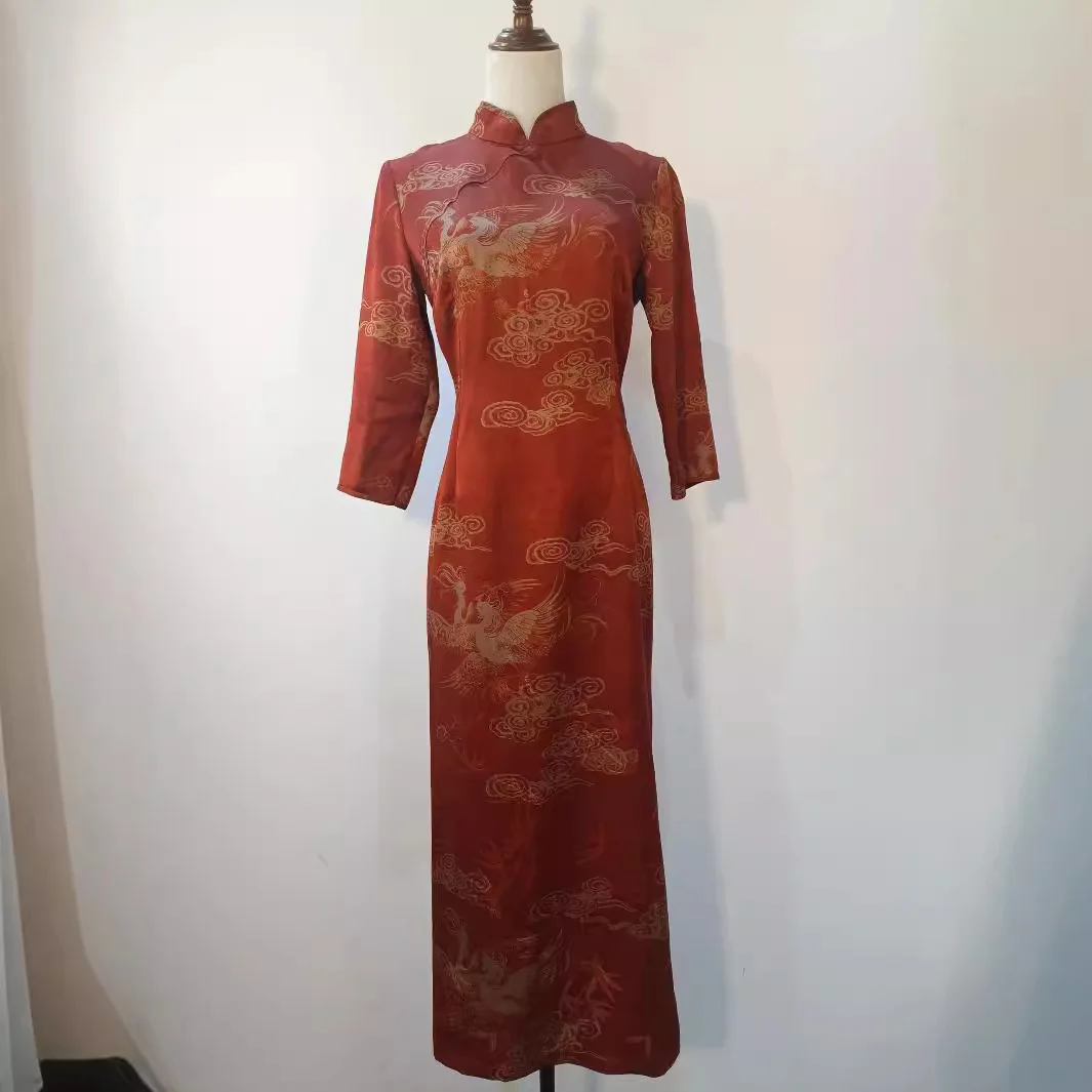 High Quality Autumn 2024 Xiangyun Yarn Three-Quarter Sleeve Red Cheongsam Women's Chinese Style Long Slit Dress Toast