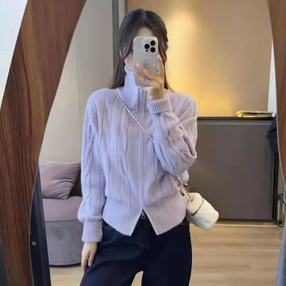 Moda coreana, suéter corto con doble cremallera y cuello alto, cárdigan para mujer, Otoño Invierno, nuevo abrigo de punto, chaqueta para mujer