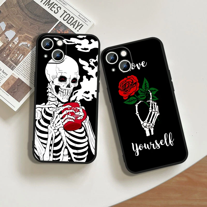 Roses Skull Art Cool For iPhone 15 14 13 12 11 XS XR X 8 7 SE Pro Max Plus Mini Black Cover Phone Case