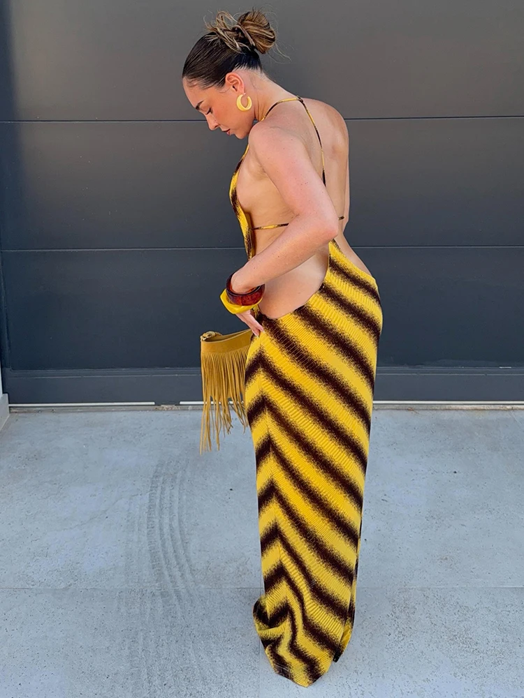 Weird Puss Sexy rückenfreies Kleid mit Kreuzmuster, Damenmode, gestreift, mit Perlenbesatz, ärmellos, heiß, für Strand, Urlaub, Party, figurbetont – Detail 11