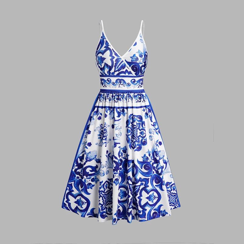 

Womens Floral Ceramic Print Cami Dress Surplice Plunge Spaghetti Strap Backless Dress 2024 Summer Dresses Sundress